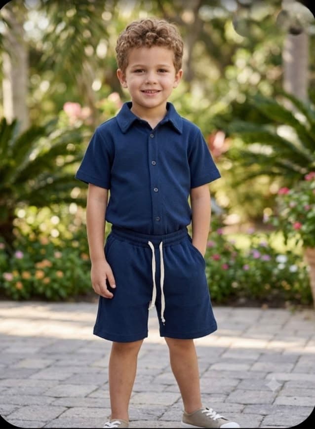 Conjunto texturizado marinho com camisa