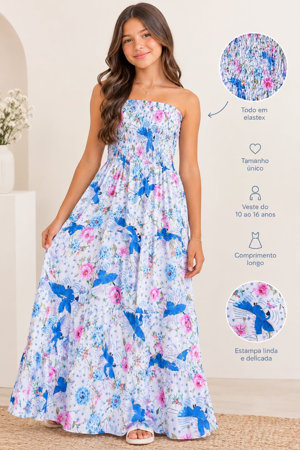 Vestido longo floral azul com pássaros