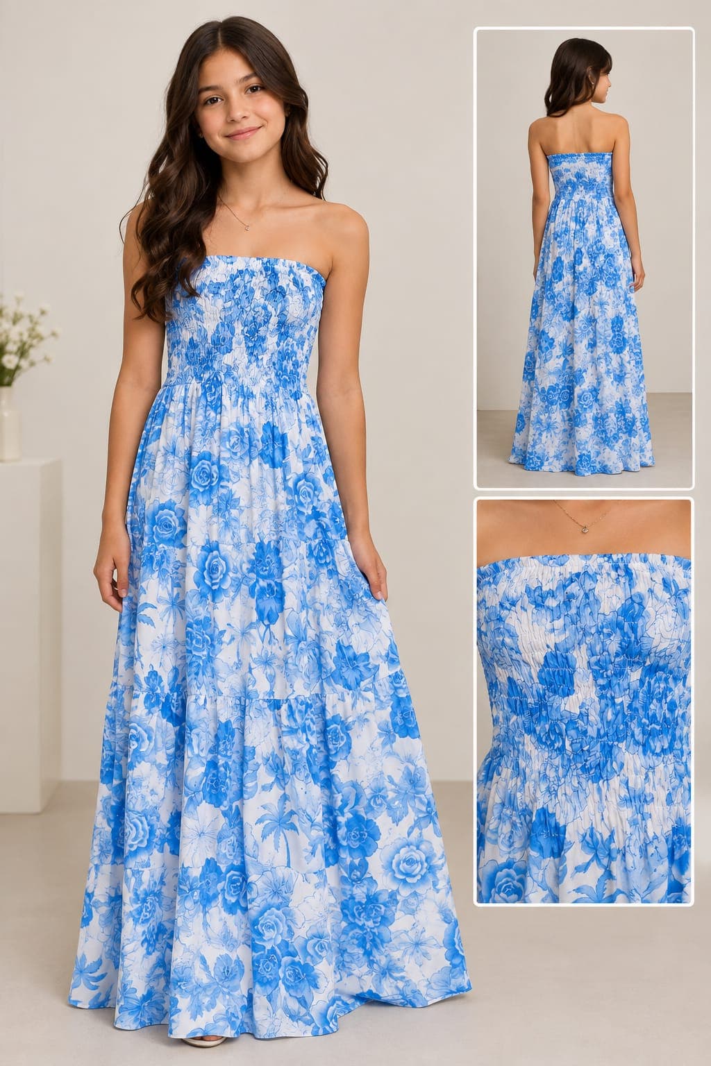 Vestido longo floral azul