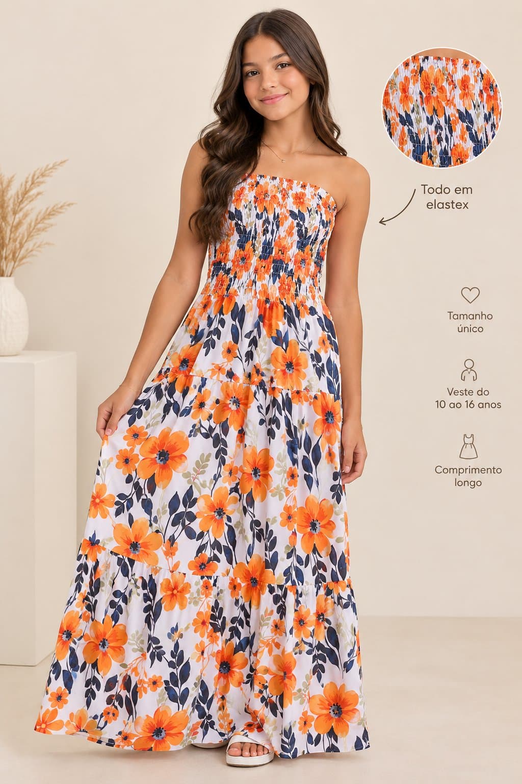 Vestido longo floral laranja